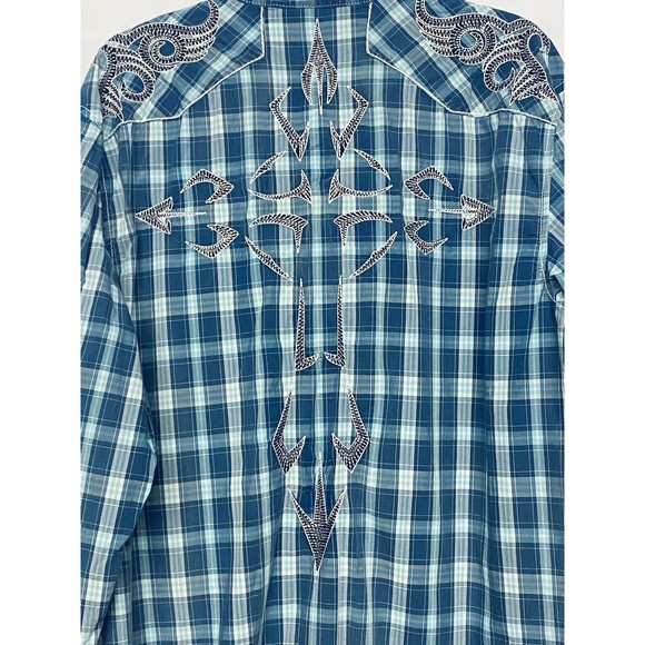 Austin Season Men's Embroidered Blue Plaid Long Sleeve Button Up Western Shirt L - Picture 11 of 14